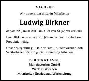 Anzeige von Ludwig Birkner von Kölner Stadt-Anzeiger / Kölnische Rundschau / Express