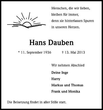 Anzeige von Hans Dauben von Kölner Stadt-Anzeiger / Kölnische Rundschau / Express