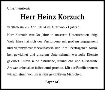 Anzeige von Heinz Korzuch von Kölner Stadt-Anzeiger / Kölnische Rundschau / Express
