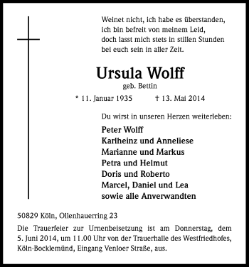 Anzeige von Ursula Wolff von Kölner Stadt-Anzeiger / Kölnische Rundschau / Express