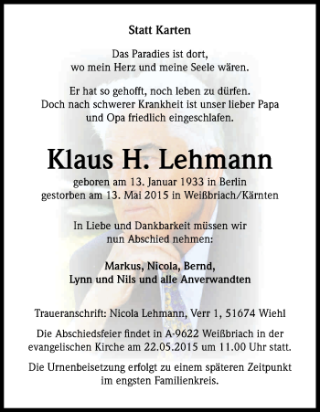 Anzeige von Klaus Lehmann von Kölner Stadt-Anzeiger / Kölnische Rundschau / Express
