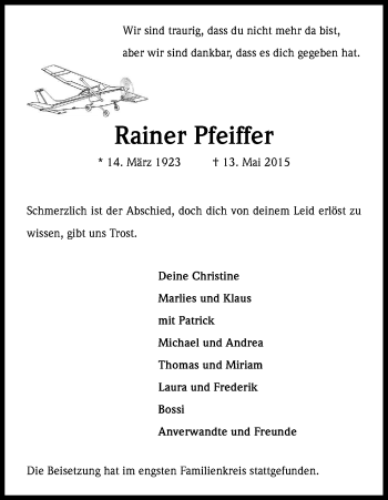 Anzeige von Rainer Pfeiffer von Kölner Stadt-Anzeiger / Kölnische Rundschau / Express