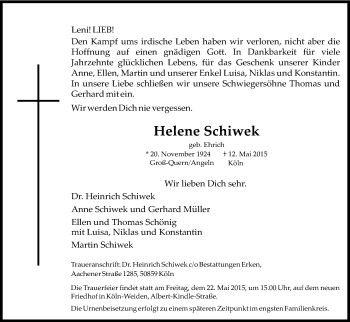 Anzeige von Helene Schiwek von Kölner Stadt-Anzeiger / Kölnische Rundschau / Express