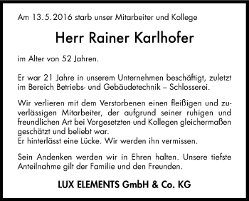 Anzeige von Rainer Karlhofer von Kölner Stadt-Anzeiger / Kölnische Rundschau / Express