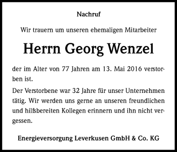 Anzeige von Georg Wenzel von Kölner Stadt-Anzeiger / Kölnische Rundschau / Express