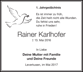Anzeige von Rainer Karlhofer von  Leverkusener Wochenende 