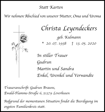 Anzeige von Christa Leyendeckers von Kölner Stadt-Anzeiger / Kölnische Rundschau / Express