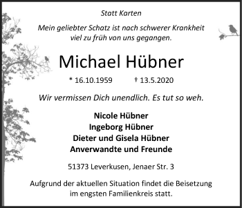 Anzeige von Michael Hübner von Kölner Stadt-Anzeiger / Kölnische Rundschau / Express