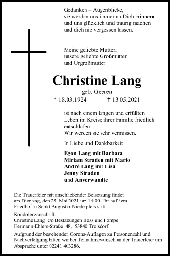 Anzeige von Christine Lang von Kölner Stadt-Anzeiger / Kölnische Rundschau / Express