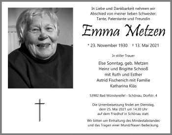 Anzeige von Emma Metzen von  Blickpunkt Euskirchen 