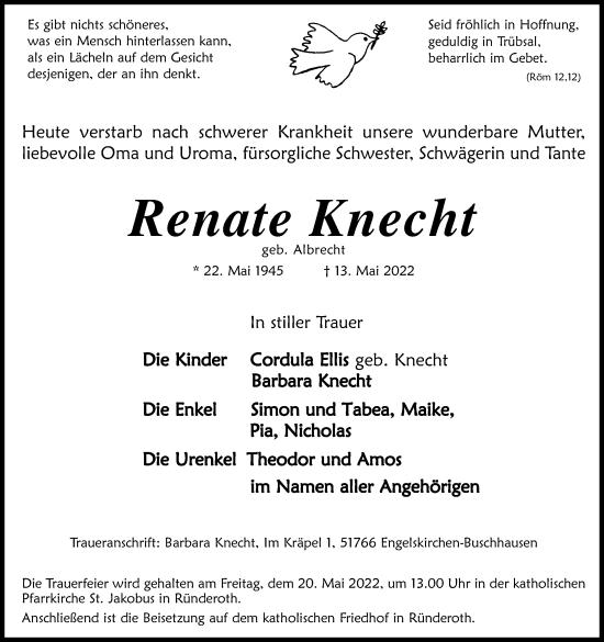 Anzeige von Renate Knecht von Kölner Stadt-Anzeiger / Kölnische Rundschau / Express