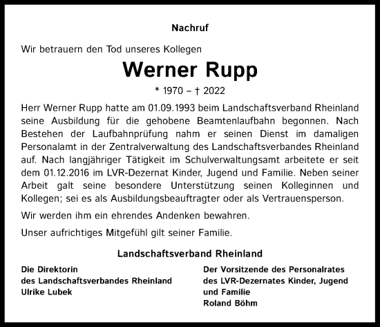 Anzeige von Werner Rupp von Kölner Stadt-Anzeiger / Kölnische Rundschau / Express