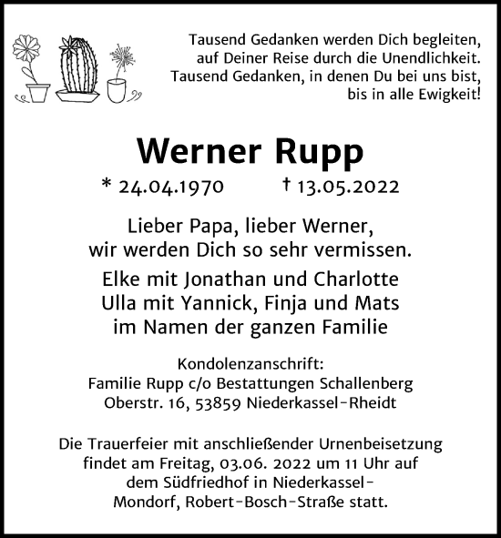 Anzeige von Werner Rupp von Kölner Stadt-Anzeiger / Kölnische Rundschau / Express