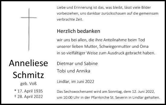 Anzeige von Anneliese Schmitz von Kölner Stadt-Anzeiger / Kölnische Rundschau / Express