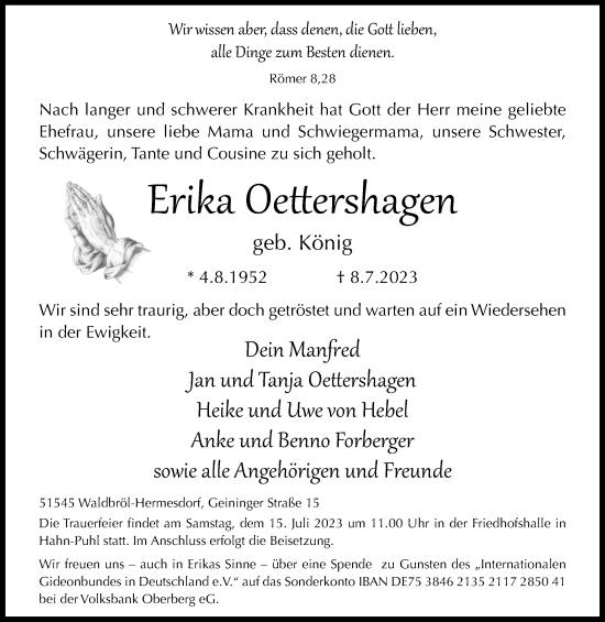 Anzeige von Erika Oettershagen von Kölner Stadt-Anzeiger / Kölnische Rundschau / Express