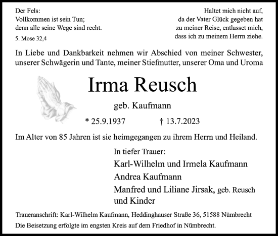 Anzeige von Irma Reusch von Kölner Stadt-Anzeiger / Kölnische Rundschau / Express