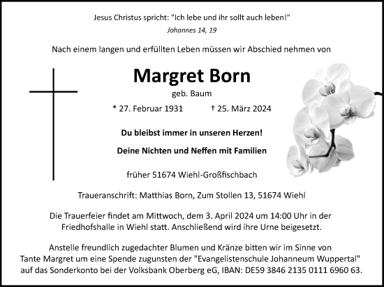 Anzeige von Margret Born von Kölner Stadt-Anzeiger / Kölnische Rundschau / Express