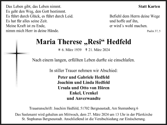 Anzeige von Maria Therese Hedfeld von Kölner Stadt-Anzeiger / Kölnische Rundschau / Express