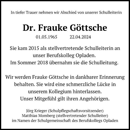 Anzeige von Frauke Göttsche von Kölner Stadt-Anzeiger / Kölnische Rundschau / Express