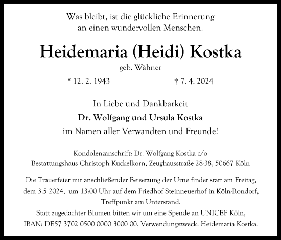 Anzeige von Heidemaria Kostka von Kölner Stadt-Anzeiger / Kölnische Rundschau / Express
