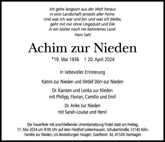 Anzeige von Achim zur Nieden von Kölner Stadt-Anzeiger / Kölnische Rundschau / Express