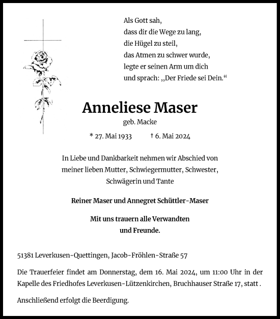 Anzeige von Anneliese Maser von Kölner Stadt-Anzeiger / Kölnische Rundschau / Express