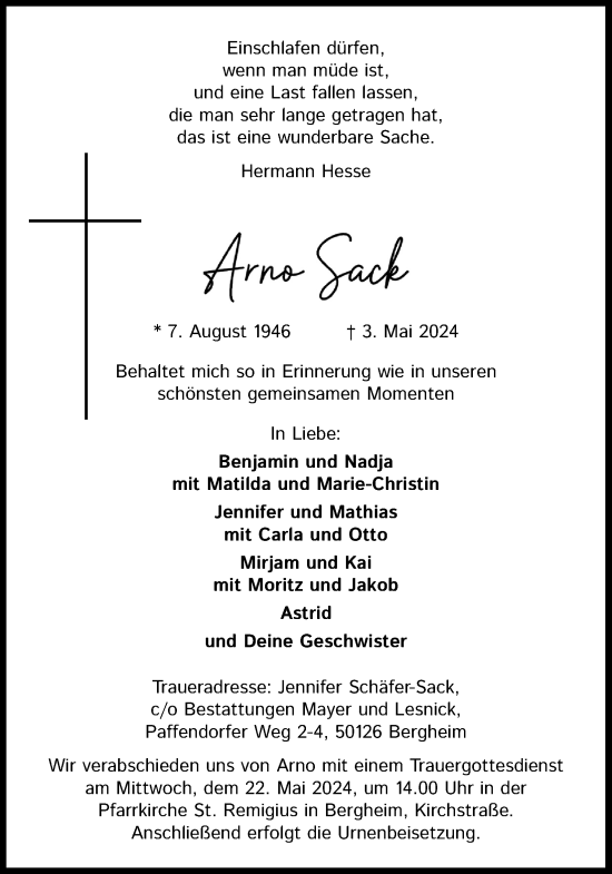 Anzeige von Arno Sack von Kölner Stadt-Anzeiger / Kölnische Rundschau / Express