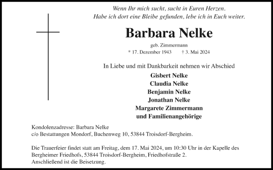 Anzeige von Barbara Nelke von Kölner Stadt-Anzeiger / Kölnische Rundschau / Express