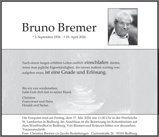 Anzeige von Bruno Bremer von  Werbepost 