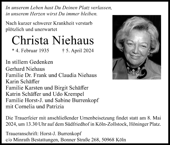 Anzeige von Christa Niehaus von Kölner Stadt-Anzeiger / Kölnische Rundschau / Express
