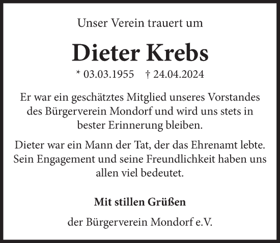 Anzeige von Dieter Krebs von  Extra Blatt 