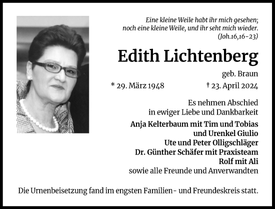 Anzeige von Edith Lichtenberg von Kölner Stadt-Anzeiger / Kölnische Rundschau / Express