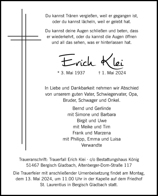 Anzeige von Erich Klei von Kölner Stadt-Anzeiger / Kölnische Rundschau / Express