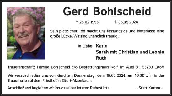 Anzeige von Gerd Bohlscheid von Kölner Stadt-Anzeiger / Kölnische Rundschau / Express