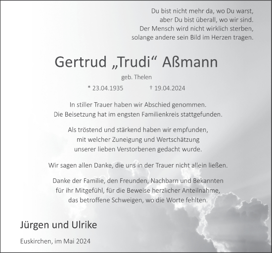 Anzeige von Gertrud Aßmann von  Blickpunkt Euskirchen 