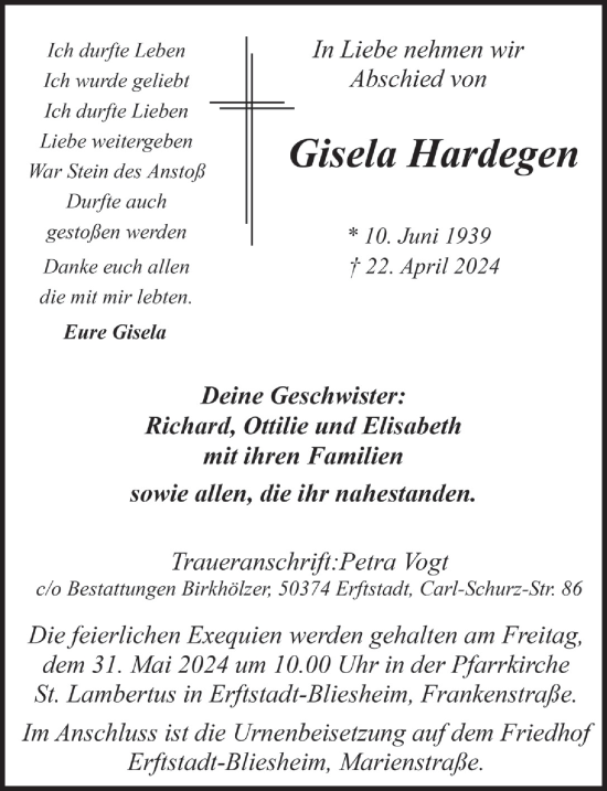 Anzeige von Gisela Hardegen von  EXPRESS - Die Woche  Werbepost 
