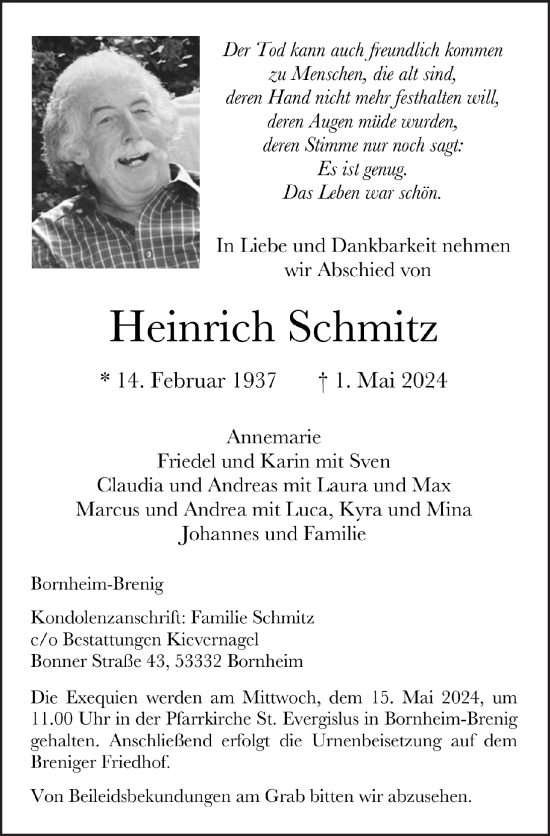Anzeige von Heinrich Schmitz von  Schaufenster/Blickpunkt 
