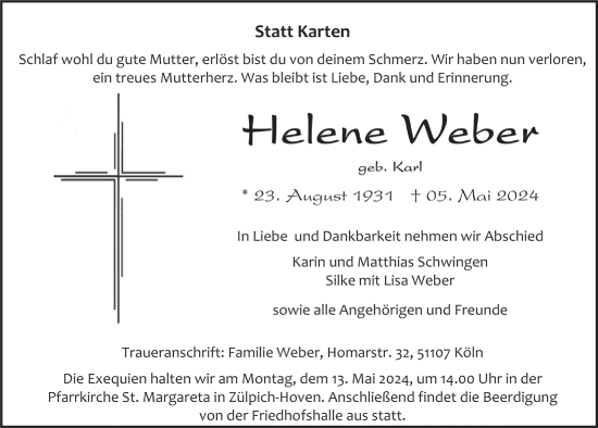 Anzeige von Helene Weber von  Blickpunkt Euskirchen 