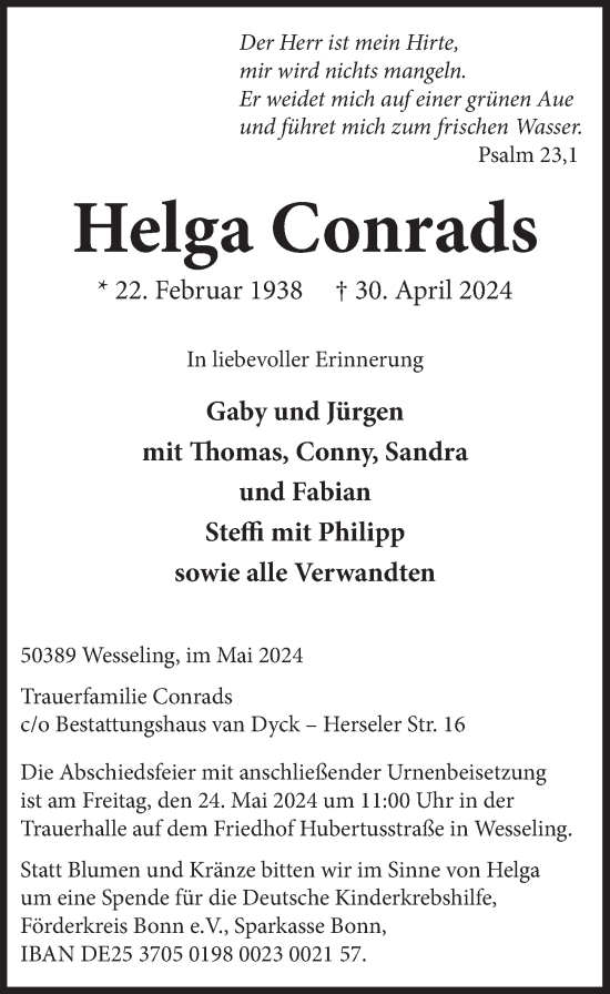 Anzeige von Helga Conrads von  Schlossbote/Werbekurier 