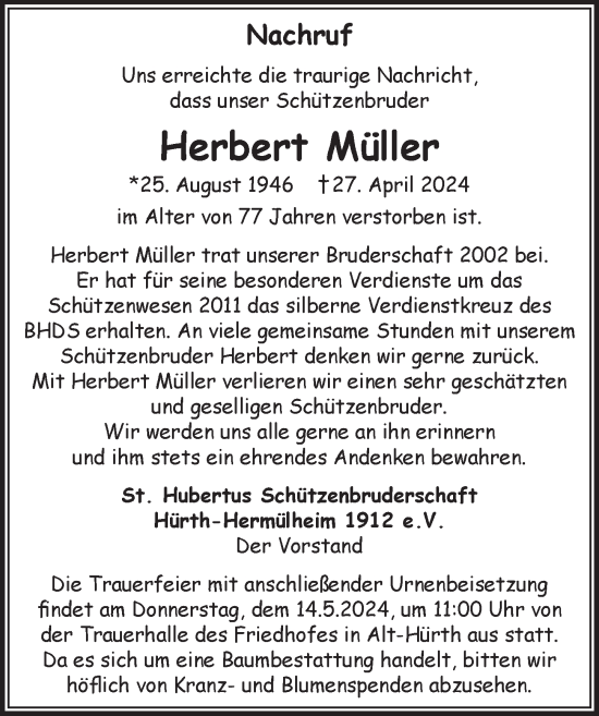 Anzeige von Herbert Müller von  Wochenende 