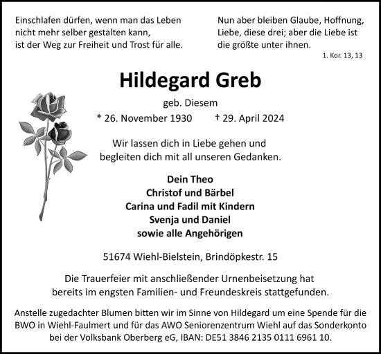 Anzeige von Hildegard Greb von  Anzeigen Echo 