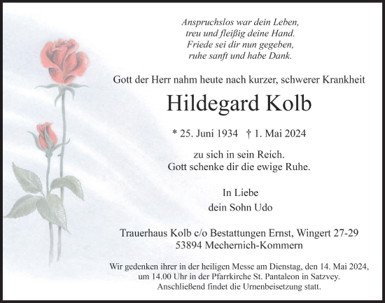 Anzeige von Hildegard Kolb von  Blickpunkt Euskirchen 