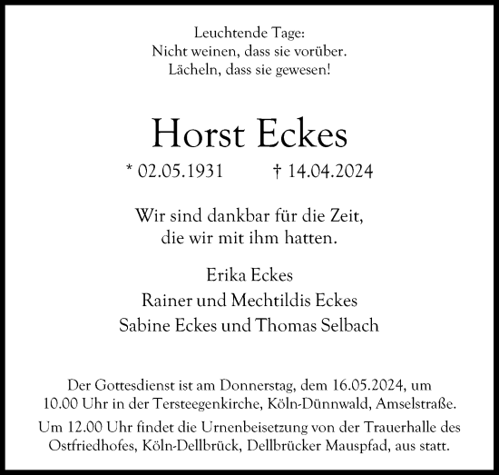 Anzeige von Horst Eckes von Kölner Stadt-Anzeiger / Kölnische Rundschau / Express