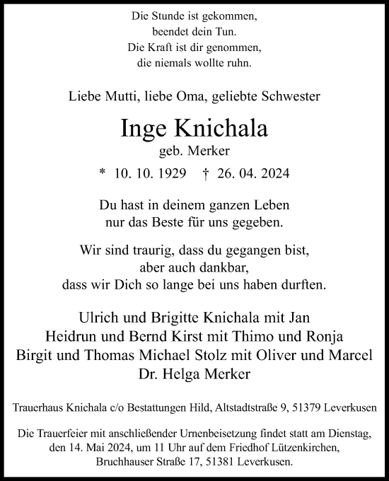 Anzeige von Inge Knichala von Kölner Stadt-Anzeiger / Kölnische Rundschau / Express