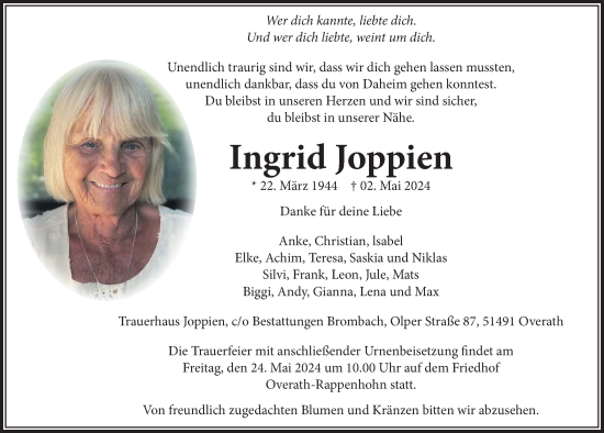 Anzeige von Ingrid Joppien von  Bergisches Handelsblatt 