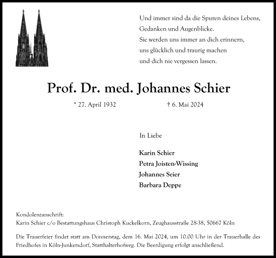 Anzeige von Johannes Schier von Kölner Stadt-Anzeiger / Kölnische Rundschau / Express