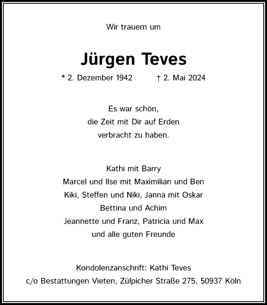 Anzeige von Jürgen Teves von Kölner Stadt-Anzeiger / Kölnische Rundschau / Express