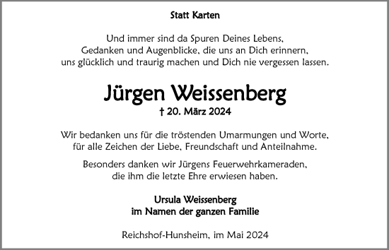 Anzeige von Jürgen Weissenberg von  Anzeigen Echo  Lokalanzeiger 