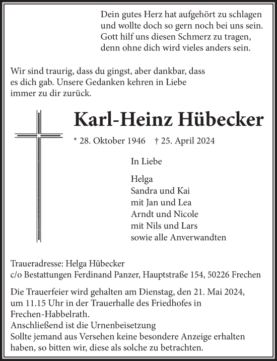 Anzeige von Karl-Heinz Hübecker von  Wochenende 