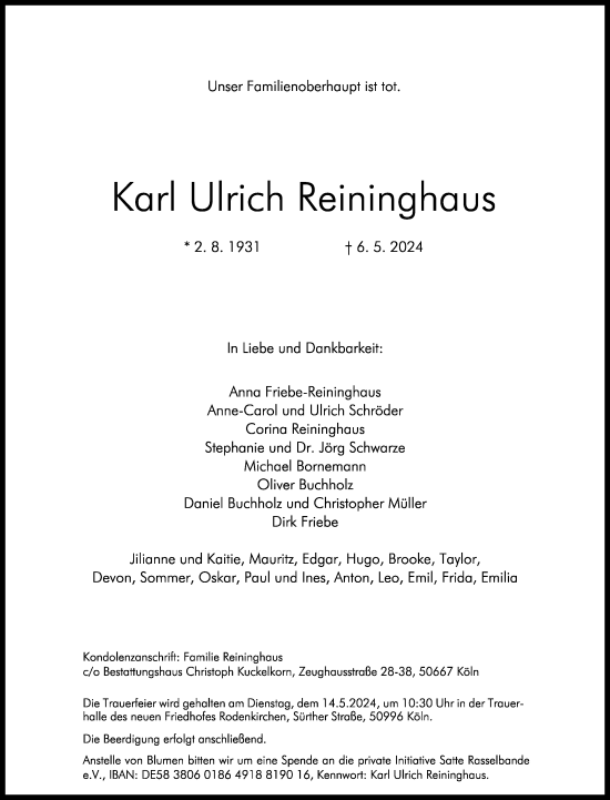 Anzeige von Karl Ulrich Reininghaus von Kölner Stadt-Anzeiger / Kölnische Rundschau / Express
